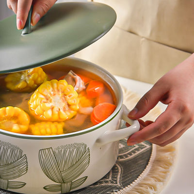 Sustainable Floral Green Ceramic Pan Soup Bowl Set with Glass Cover and Pot Cover Type