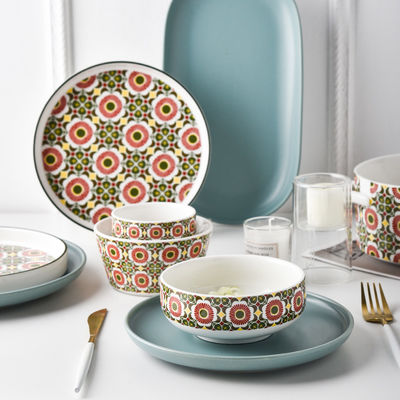 Under Glazed Technique 72 Pcs Bohemian Ceramic Dinnerware Set With Red And Blue Decal