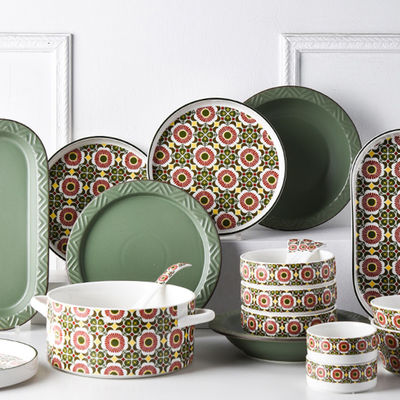 Under Glazed Technique 72 Pcs Bohemian Ceramic Dinnerware Set With Red And Blue Decal