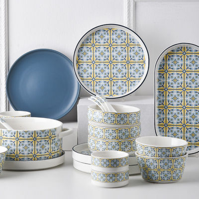 Under Glazed Technique 72 Pcs Bohemian Ceramic Dinnerware Set With Red And Blue Decal