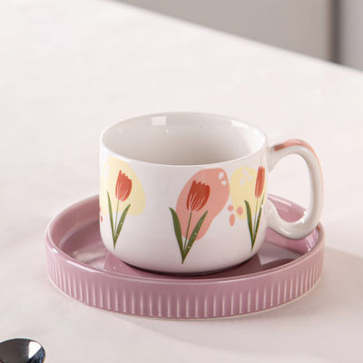 Customized Logo Flower Design Ceramic Tea Cup And Saucer Set For Restaurant For Afternoon Tea 200ml