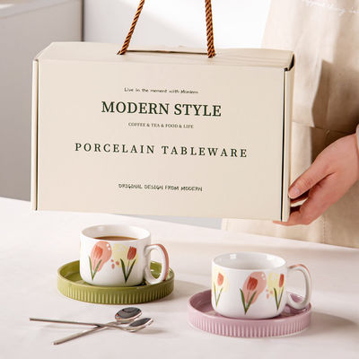 Customized Logo Flower Design Ceramic Tea Cup And Saucer Set For Restaurant For Afternoon Tea 200ml