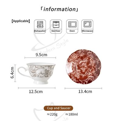 Food Grade Porcelain Taza Red Floral Cups And Saucers Set For Luxury Afternoon Tea